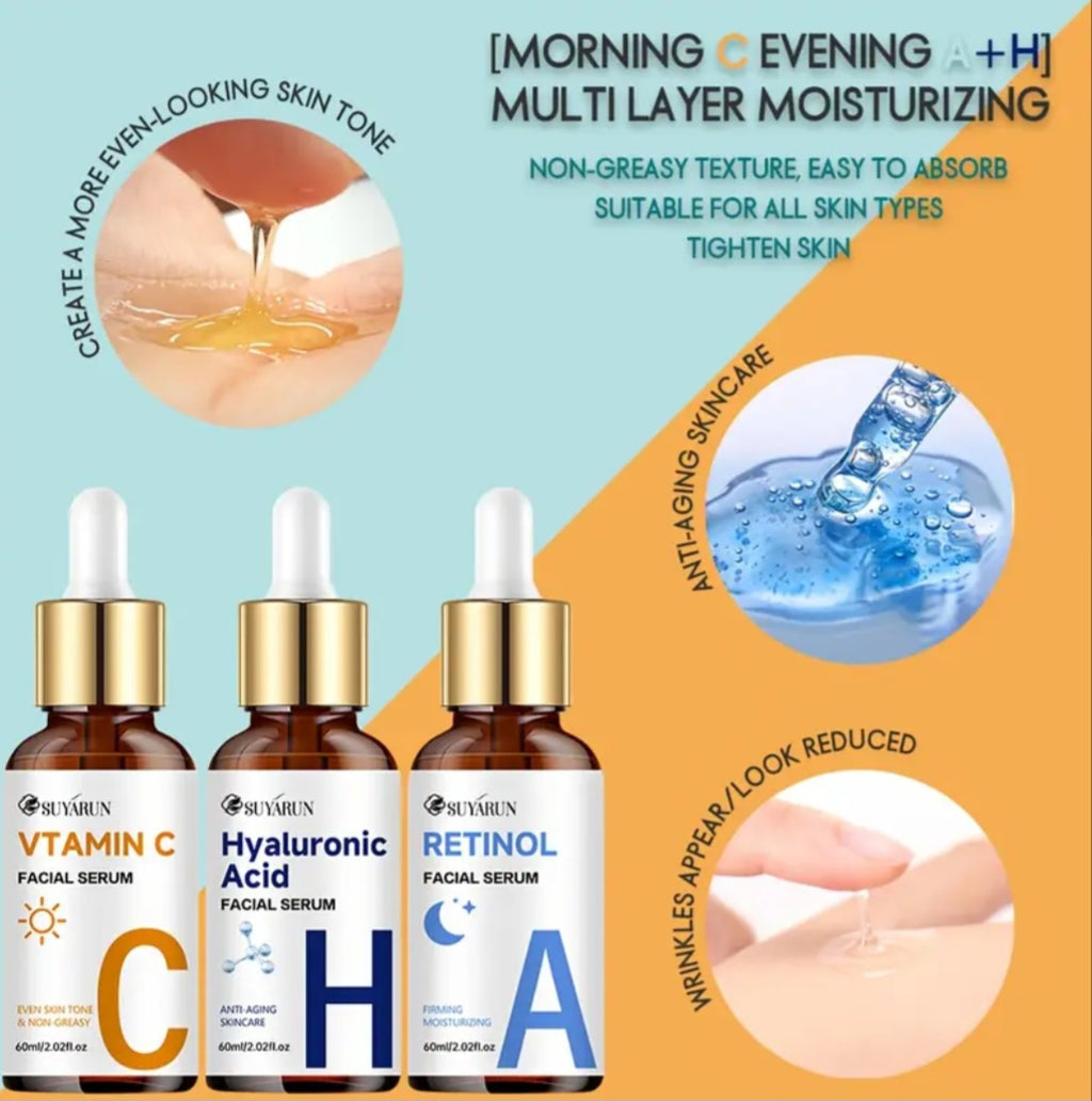 3pcs SEYHZE Vitamin C, Collagen Boosting Serum + Hyaluronic Acid & Peptide Facial with Brightening Complex(60ml)