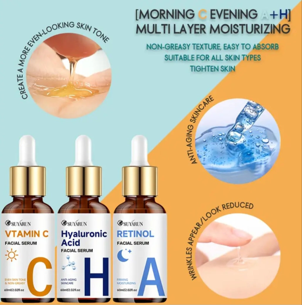 3pcs SEYHZE Vitamin C, Collagen Boosting Serum + Hyaluronic Acid & Peptide Facial with Brightening Complex(60ml)