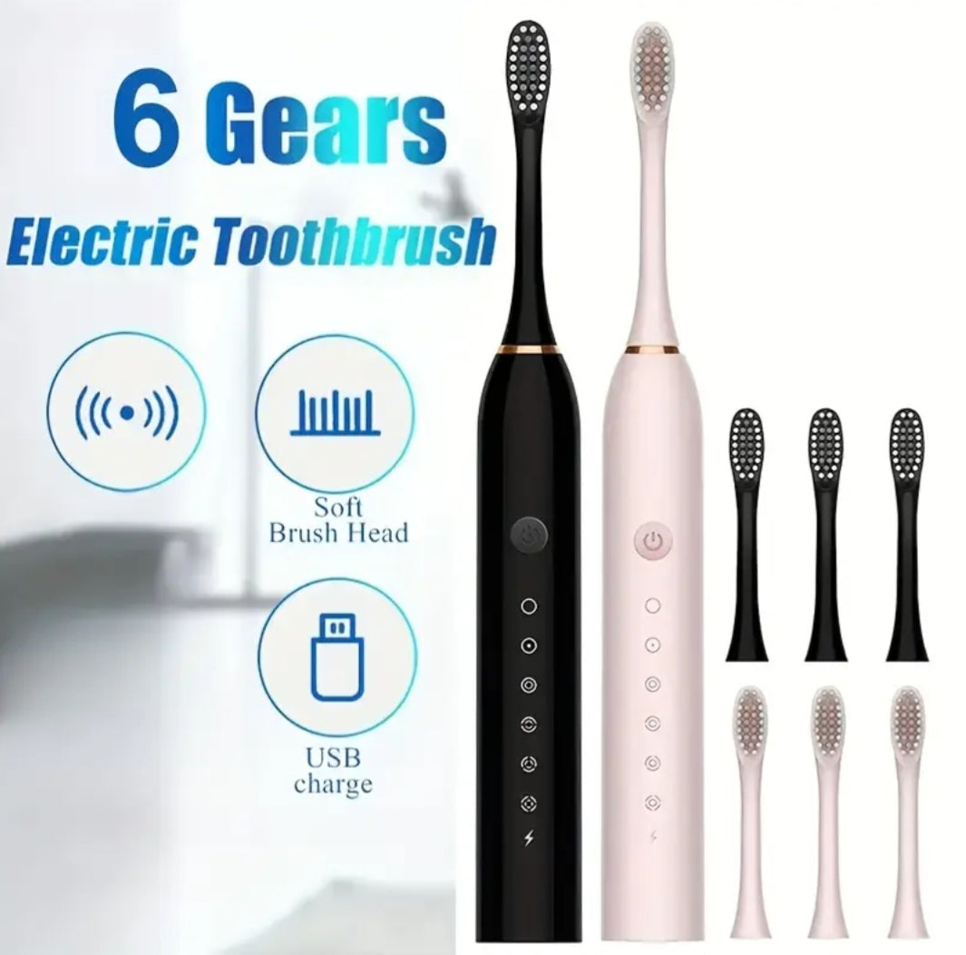 6-Speed Mode Smart Timer Electric Toothbrush, IP67 Waterproof, Rechargeable USB Portable Toothbrush for Adults, 4 Brush Heads