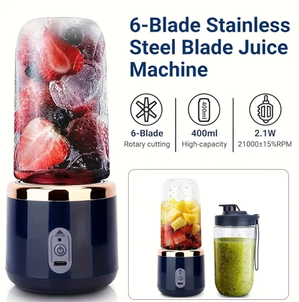 Portable Juicer, Mini Smoothie Shaker, USB Charged Single-Serving Blender with 6 Blades for Fresh Juice Making. 430G Capacity, Stainless Steel Exterior And Curved Design