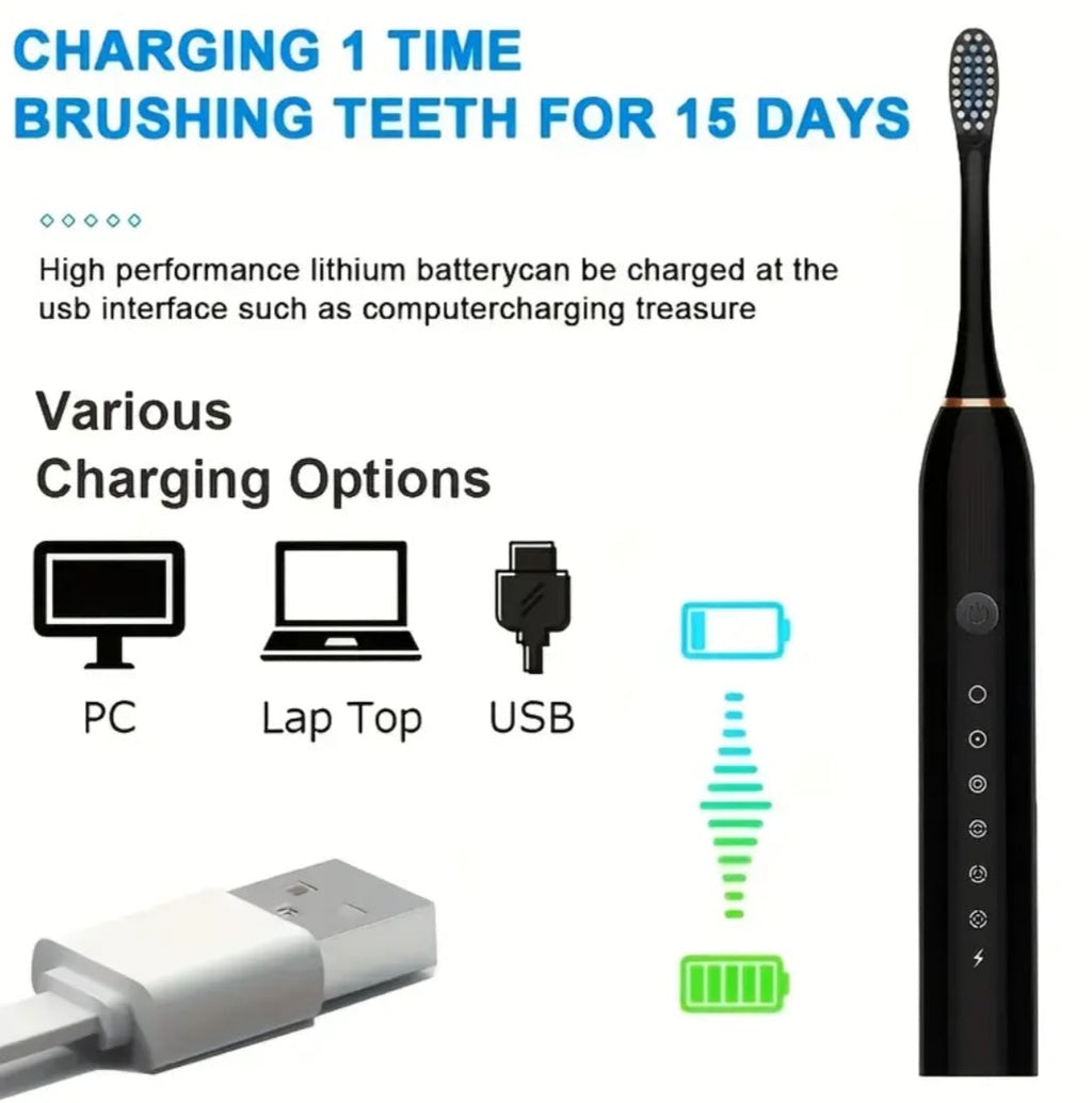 6-Speed Mode Smart Timer Electric Toothbrush, IP67 Waterproof, Rechargeable USB Portable Toothbrush for Adults, 4 Brush Heads