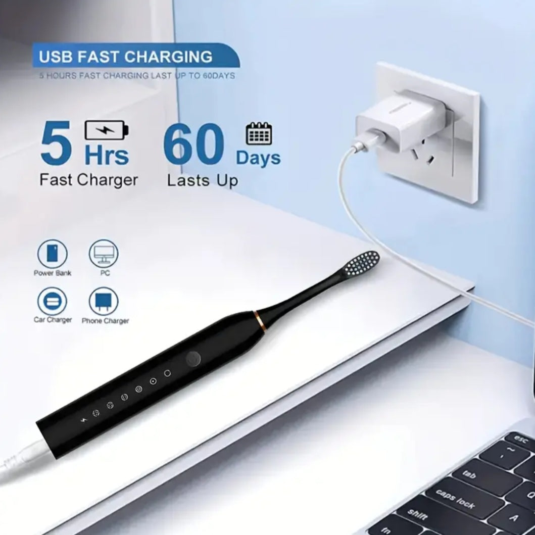 6-Speed Mode Smart Timer Electric Toothbrush, IP67 Waterproof, Rechargeable USB Portable Toothbrush for Adults, 4 Brush Heads