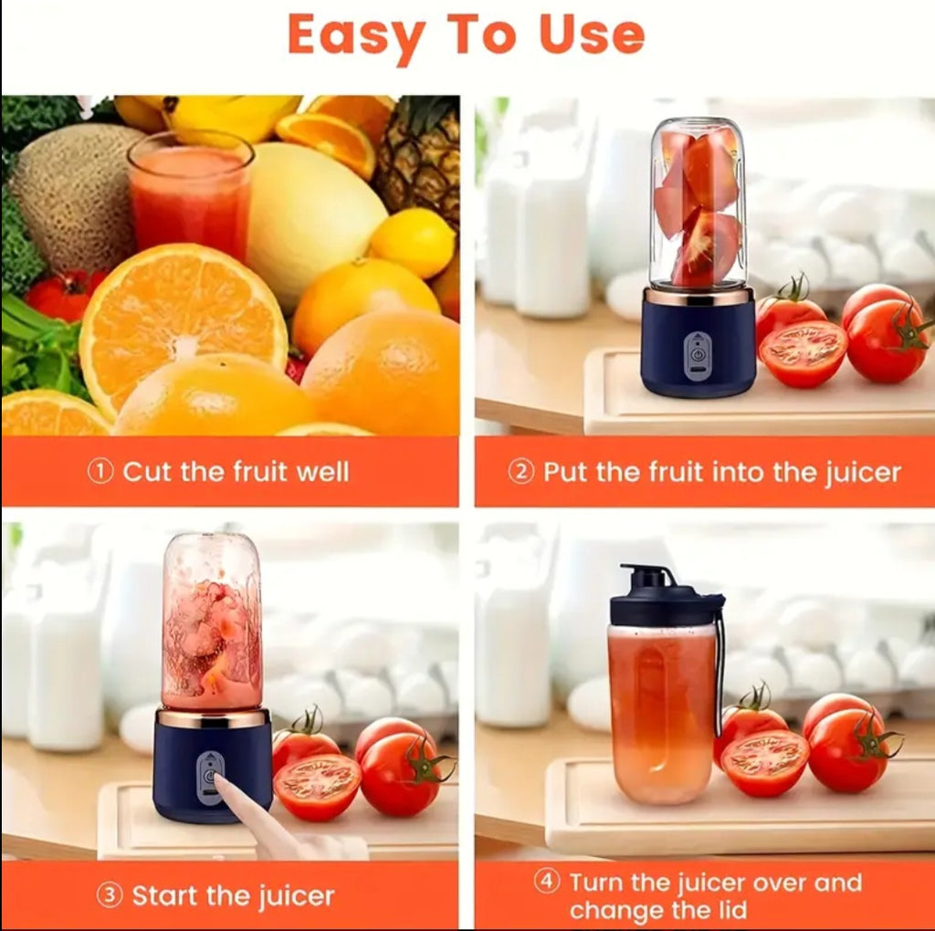 Portable Juicer, Mini Smoothie Shaker, USB Charged Single-Serving Blender with 6 Blades for Fresh Juice Making. 430G Capacity, Stainless Steel Exterior And Curved Design