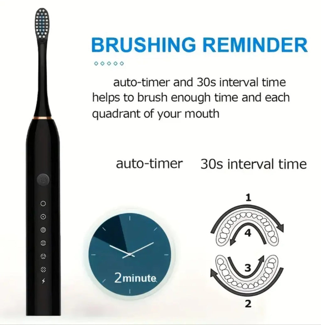 6-Speed Mode Smart Timer Electric Toothbrush, IP67 Waterproof, Rechargeable USB Portable Toothbrush for Adults, 4 Brush Heads