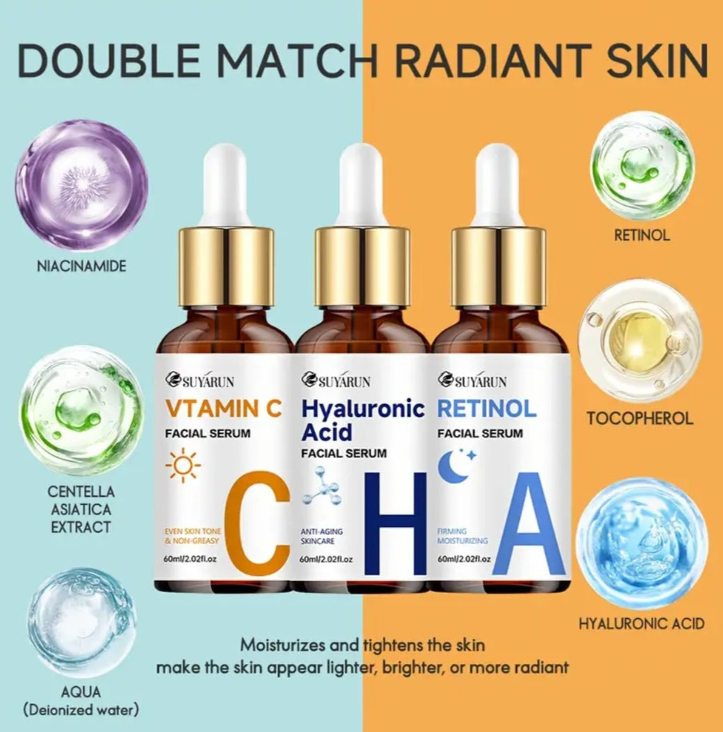 3pcs SEYHZE Vitamin C, Collagen Boosting Serum + Hyaluronic Acid & Peptide Facial with Brightening Complex(60ml)