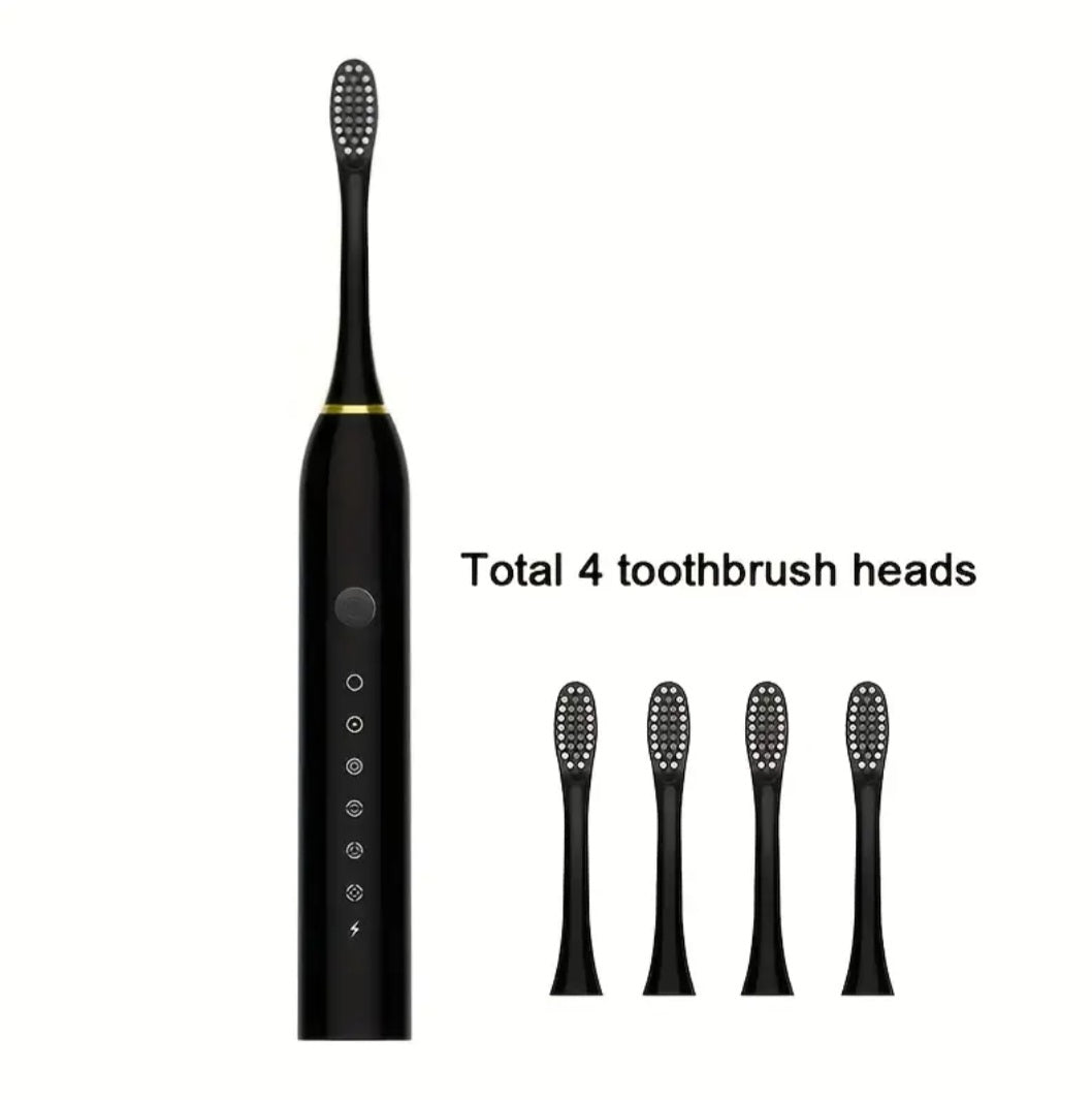 6-Speed Mode Smart Timer Electric Toothbrush, IP67 Waterproof, Rechargeable USB Portable Toothbrush for Adults, 4 Brush Heads